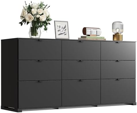 WLIVE 9 Drawer Dresser for Bedroom, 63" Wide Black Drawers Large Wood Chest of Drawers Organize with Sturdy Metal Handle, Modern Dresser for TV Stand, Living Room Office, Hallway, Ball Bearing Slide