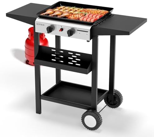 ROVSUN 2 Burner Portable Propane Griddle with Nonstick Enameled Tray, 20000 BTU Rolling Flat Top Gas Grill with Electronic Ignition, Side Shelves & Regulator for Outdoor Cooking Camping BBQ Tailgating
