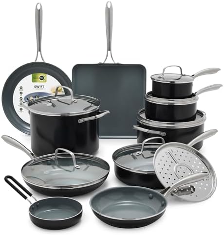 GreenPan 17 Piece Nonstick Swift Cookware Set, Ceramic PFAS-Free Pots & Pans with Lids, Dishwasher & Oven/Broiler Safe to 600F, Kitchen Cooking Set, Sauce, Saute, Stock, Griddle, Frying Pans, Gray