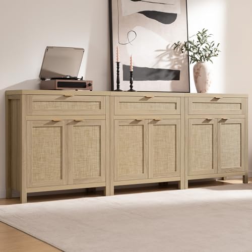 SICOTAS Sideboard Buffet Storage Cabinet Set of 3, Rattan Credenza Buffet Table, Boho Console Accent Cabinet with Doors and Drawer, Coffee Bar for Kitchen Entryway Living Room, Natural