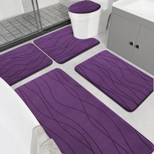 YIHOUSE Memory Foam Purple Bathroom Rug Sets 5 Piece, Ultra Absorbent Bath Mat for Bathroom - Non-Slip Machine Washable & Dry Quickly, 5 Piece Bathroom Mat Set, Purple