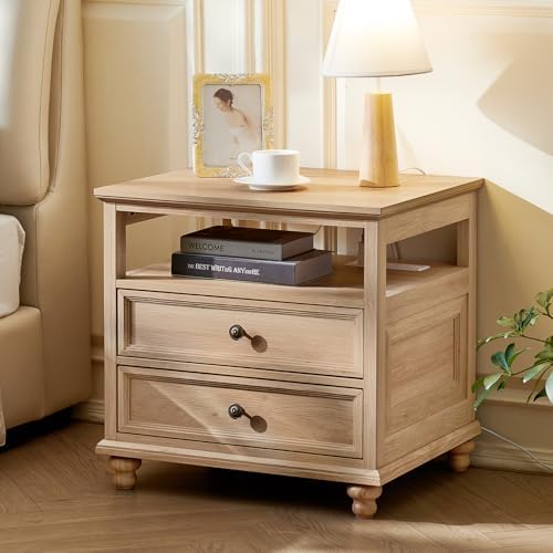 Farmhouse Nightstand with Charging Station, 24" Wide End Table with 2 Drawers, Natural Dresser for Bedroom, Bed Side Table Chest of Drawers Cabinet,Wood Night Stand for Living Room, Closet