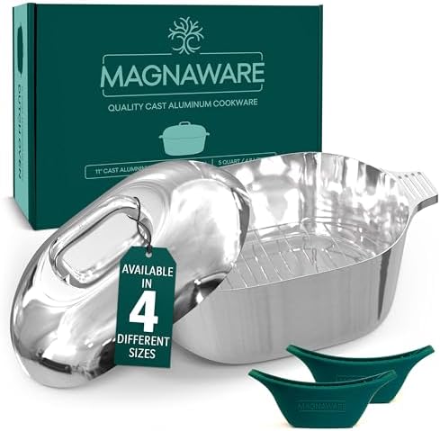 Cast Aluminum Oval Dutch Oven with Lid — 5 QT Heavy Duty Roaster Pan with Rack & Silicone Cover Dual Handles — Cajun Cookware for Roasting, Baking, Cooking (11" Small)