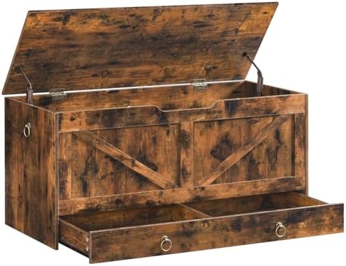 HOOBRO Storage Chest, 43.3" Toy Chest with Drawer, Wooden Storage Bench, Sturdy Entryway Bench Supports 220 lb, Shoe Bench, Safety Hinge, U-Shaped Opening, Easy Assembly, Rustic Brown FG711CW01G1