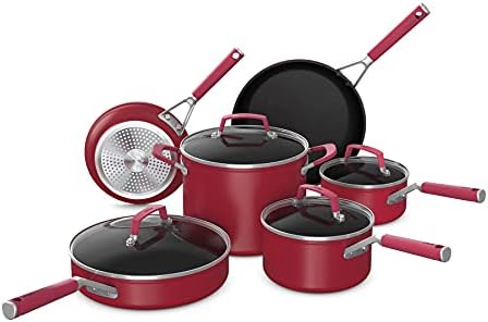 Ninja C29500 Foodi NeverStick Vivid 10-Piece Cookware Set with Lids, Nonstick, Durable & Oven Safe to 400°F, Cool-Touch Handles, Crimson Red