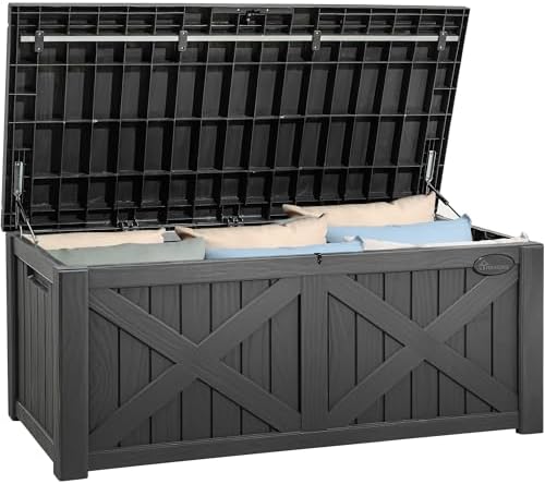 YITAHOME 120 Gallon Large Deck Box with X-Shaped Front, Resin Outdoor Storage Boxes, Waterproof Cushion Storage Bench for Patio, Pool Supplies, Garden Tools - Lockable, Dark Gray