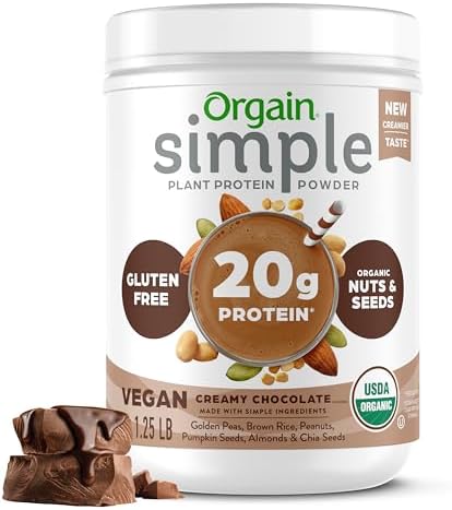 Orgain Organic Simple Vegan Protein Powder, Chocolate - 20g Plant Based Protein, Made with less Ingredients, No Artificial Sweeteners, Gluten Free, No Dairy or Lactose, 1.25 lb (Packaging May Vary)