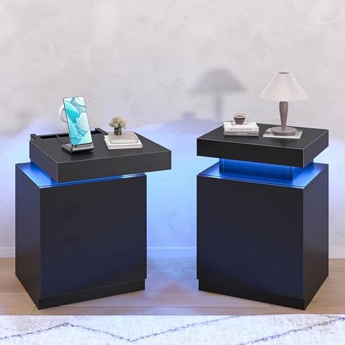 oneinmil Nightstand Set of 2, Night Stands with LED Lights, Charging Station and Sliding Top Storage, Modern Bedside Table of 2, End Side Table for Bedroom, Black