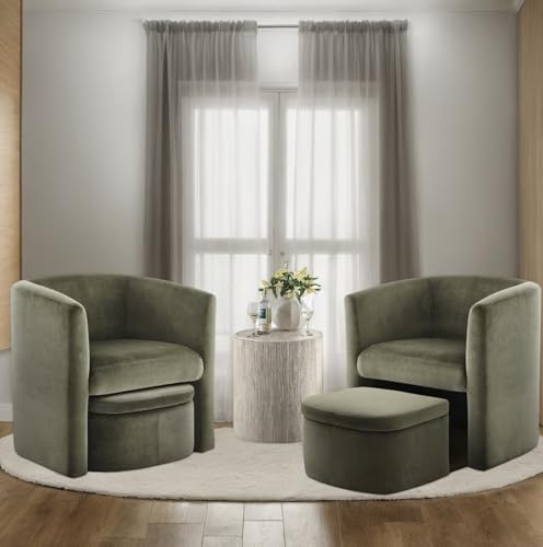 COLAMY Morden Velvet Living Room Side Chair with Storage Ottoman Set of 2, Single Sofa Armchair with Lounge Seat, Upholstered Barrel Accent Chair for Bedroom/Office/Reading Spaces, Green