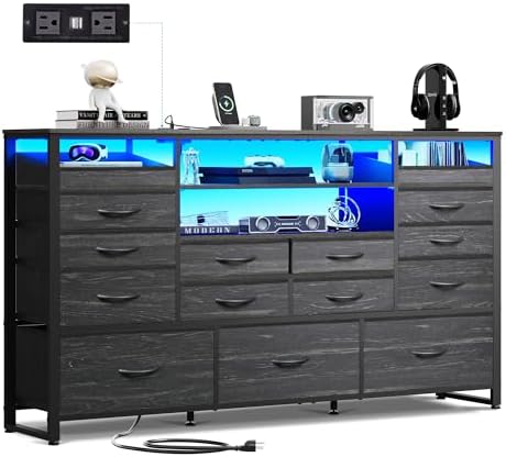WLIVE Black TV Stand for 55, 60, 65 inch TV, Entertainment Center with LED Lights & Charging Station, TV Media Console Table with 15 Fabric Drawers and Open Shelves for Living Room, Hallway, Wood Top