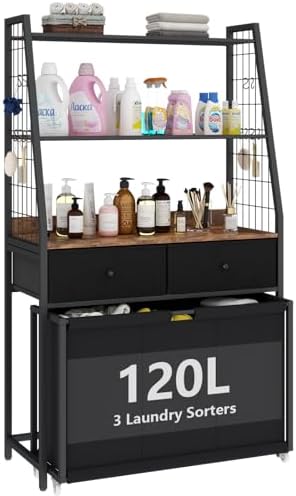 Laundry Hamper Laundry Basket with 3 Section Pull-Out Rolling Bags & 2-Tier Storage Shelf, Laundry Sorter for Organization and Storage with 2 Drawers for Laundry Room, Bathroom