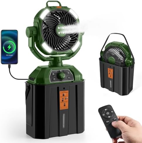 Odoland Portable Camping Fan with LED Light, 30000mAh Rechargeable Battery Operated Oscillating Fan with Remote & Hook, 6L Bucket Misting Fan for Outdoors Patios,Travel,Jobsite, Green