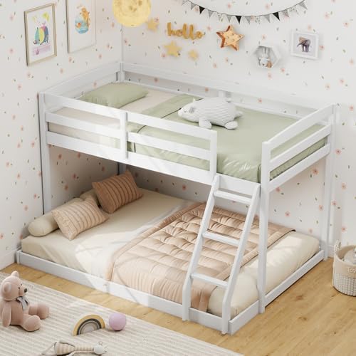 KOMFOTT Low Bunk Bed Twin Over Full, Solid Wood Twin Bed Frame with Built-in Ladder & Safety Guardrails, Space-Saving Low Bunk Bed for Kids, Teens, No Box Spring Needed