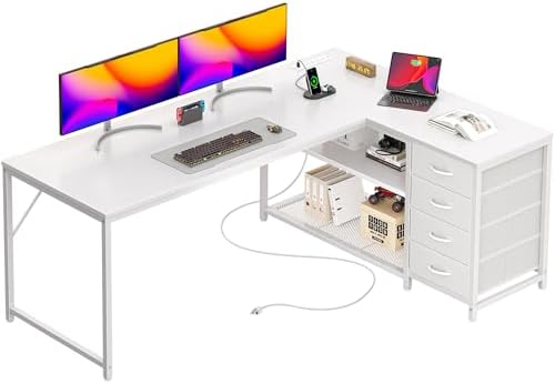 PRAISUN 61" L Shaped Desk with Power Outlets and USB-C Port, Reversible Computer Corner Office Desk with 4 Fabric Drawers and 2 Height-Adjustable Shelves, Large for Gaming Writing Work Study, White