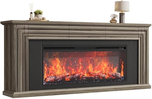 PRAISUN 70'' Fireplace TV Stand with 42'' Electric Fireplace, Farmhouse TV Stand for 65 75 Inch TV, Entertainment Center TV Console with 3 Drawers, Fluted Design, for Living Room, Gray Oak