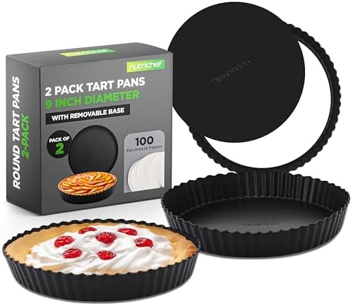 NutriChef 2 Round Tart Pans | 9 Inch Carbon Steel Tart Baking Trays with Removable Base | Nonstick & Even Heat Distribution | Includes 100 Parchment Papers | Height of 1 Inch | Black