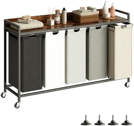 Laundry Hamper with Shelf, Laundry Basket 5 Section, Laundry Sorter with Pull-Out Removable Large 5 Color Bags and Movable Wheels, Metal Frame, 5 x 15.87 Gallons (60L), Rustic Brown PF08XLN