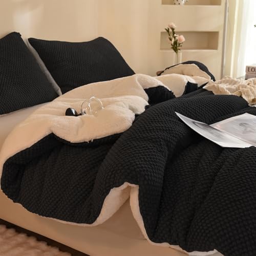 3D Jacquard Design Comforter Set, Ultra-Soft Warm King Size Sherpa Fur Plush 3-Pieces Sets Luxury Cozy Bedding with 2 Pillowcases (104"x90", Black)