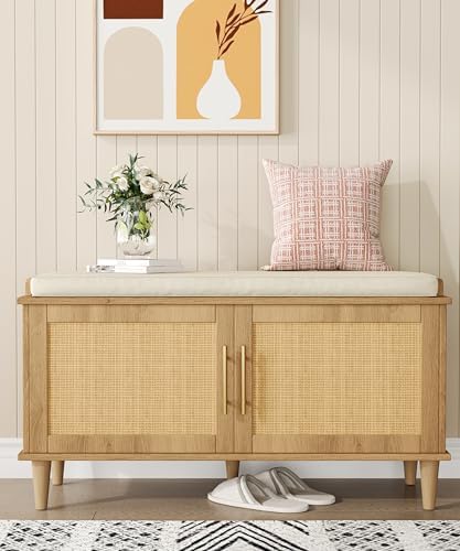 Natural Rattan Shoe Storage Bench with Cushion, Entryway Shoe Cabinet Bench with 2 Doors, 15"D x 39.4"W x 20"H, Wooden Shoe Organizer, Adjustable Shelf, Solid Wood Legs, for Hallway, Bedroom
