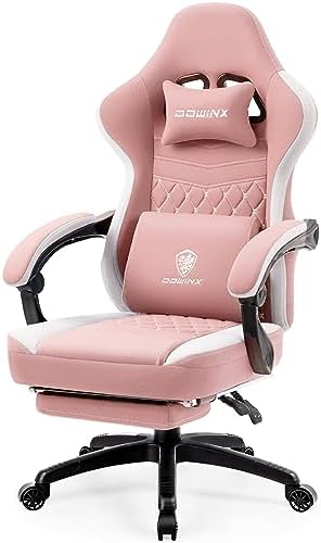 Dowinx Gaming Chair Breathable Fabric Game Chair with Gel Pad and Storage Bag, Comfortable Gamer Chair with Pocket Spring Cushion, Ergonomic Computer Chair with Footrest, Pink