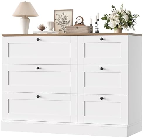 HOSTACK 6 Drawer Dresser, White Dresser for Bedroom, Wood Wide Chest of Drawers, Modern Farmhouse Drawer Chest for Living Room, Hallway, Entryway, White/Rustic Brown