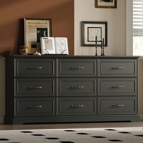 Farmhouse 9 Drawers Dresser for Bedroom, 63" Wide Modern Chest of Drawers with Deep Drawers & Bar Handles, Rustic Wood Dresser TV Stand, Wooden Closet Storage Organizer for Living Room, Hallway, Black