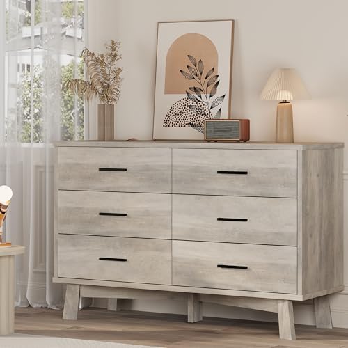 Dresser for Bedroom, 6 Drawer Wide Modern Chest of Drawers with X-Shaped Sturdy Base, Wood Double Dresser Closet Clothes Storage Organizer, Wooden TV Stand for Living Room, Hallway, Grey