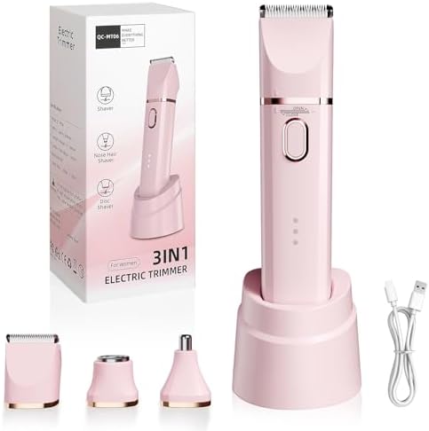 Women’s Painless Bikini Trimmer & Body Shaver – Cordless Electric Razor for Silky Smooth Skin | Replaceable Facial Razor Attachment | IPX7 Waterproof, Ceramic Blades & USB Charging Dock – Pink