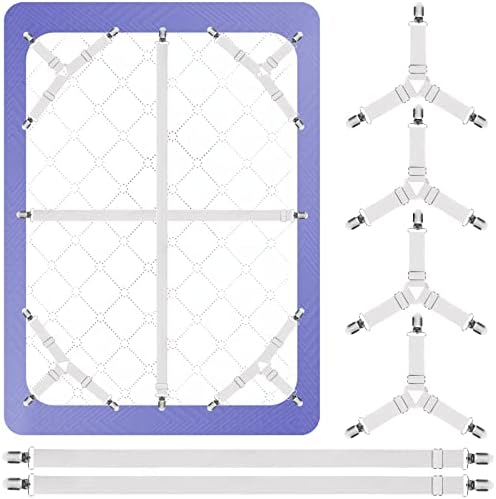 Bed Sheet Holder Straps, 4+2 Set, 2 more Straight Sheet Straps for the Mattress Middle and 4 Triangle Sheet Clips for Corners, Adjustable Elastic Sheet Stays Keepers Fasteners to Hold Sheet in Place