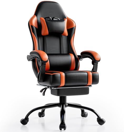Video Game Chair for Adults, Computer Chair Gaming Chairs for Kids, Adjustable Lumbar Pillow Headrest Office Desk Chair Gamer Chair with Footrest (Flat Cushion, Orange)