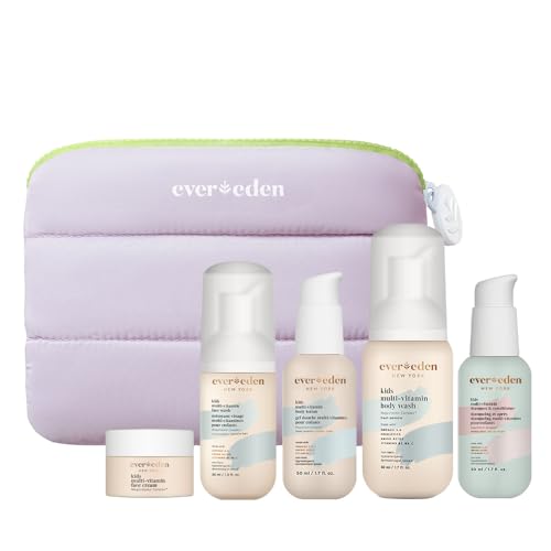 Evereden Kids Travel Set: Clean & Vegan 5-Piece Skin Care Set for Kids | Multi-Vitamin Skin Care Set w/t Body Wash, Lotion, Face Wash, Cream, Shampoo & Conditioner in a Puffy bag | TSA-approved