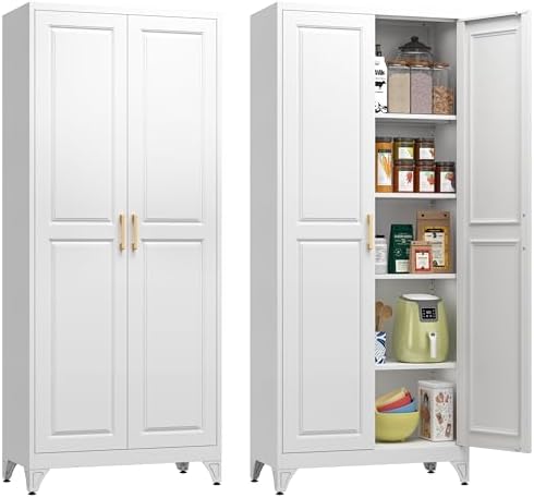 Kitchen Pantry Cabinet, 75" H Metal Storage Cabinet with Doors and Shelves, 4 Standing Feet, Cupboard for Kitchen, Dining, Living Room, 16" D x 32" W x 75" H, White, Assembly Required