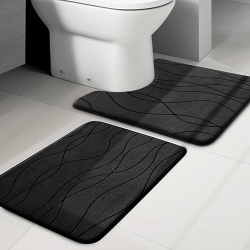 YIHOUSE Memory Foam Black Bathroom Rug Sets 2 Piece, Ultra Absorbent Bath Mat for Bathroom - Non-Slip Machine Washable & Dry Quickly, 2 Piece Bathroom Mat Set, Black