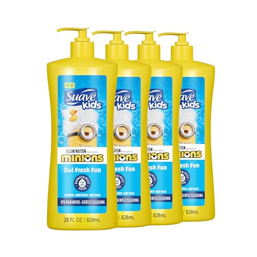 Suave Kids Minions 3-In-1 Shampoo, Conditioner, and Body Wash, For Tear-Free and Gentle Cleansing, 28 oz(Pack of 4)