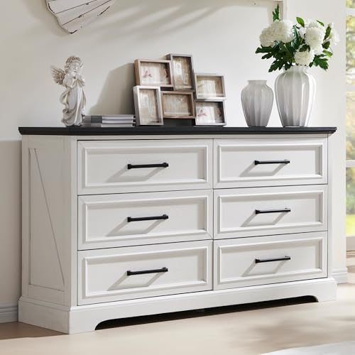ACCOHOHO Farmhouse 6 Drawer Dresser for Bedroom, 52 Inch Wide Modern Dresser TV Stand with Large Drawers & Bar Handles, Rustic Wood Chest of Drawers for Bedroom, Living Room, Hallway, Off White