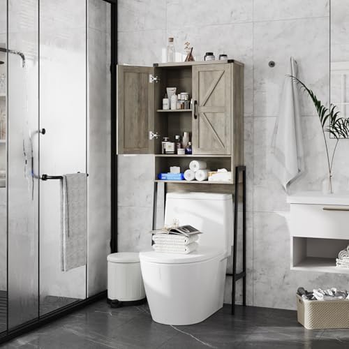 Over The Toilet Storage Cabinet with 2-Door Design Bathroom Organizers and Storage with Anti-Tip Device Over Toilet Organizer with Shelves for Bathroom,Restroom,Laundry Grey