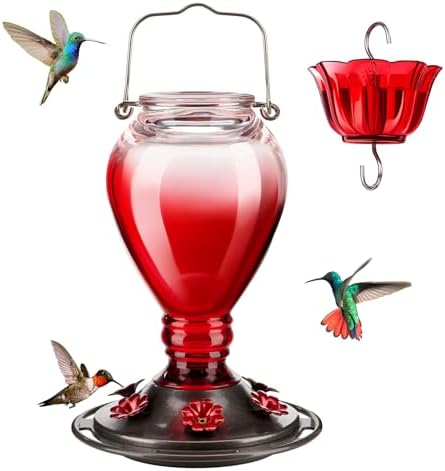 Kingsyard Glass Hummingbird Feeder - 6 Bee Guard Feeding Ports & Ant Moat, 24 oz Leak Proof, Wild Bird Feeder for Outdoors Hanging, Easy to Clean & Refill, Garden Yard Décor, Red & Pink