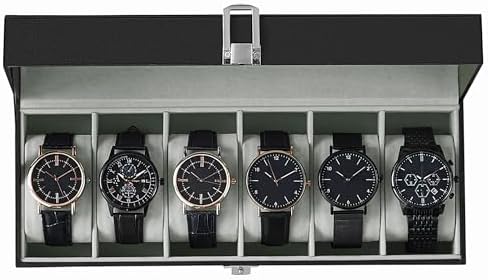SONGMICS Watch Box, 6-Slot Watch Case with Large Glass Lid, Removable Watch Pillows, Watch Box Organizer, Christmas Gift , Black Synthetic Leather, Gray Lining UJWB06BK