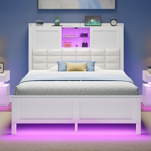 Rolanstar Bed Frame Twin Size with Charging Station, Bookcase Headboard Bed with LED Light and Sliding Doors, Platform Bed with Wooden Slats, No Box Spring Needed, Noise Free, White
