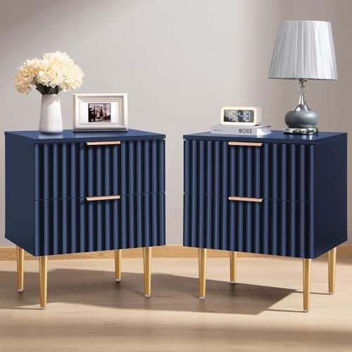 SICOTAS White Night Stand Set 2, Fluted Glossy Nightstand with 2 Drawers, Wide Modern Storage Bedside Table for Bedroom, End Side Table with Golden Metal Legs and Handles (Blue, 2 Pieces)