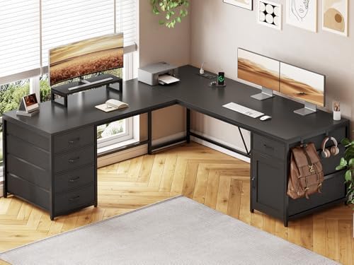 Sedeta SEDETA L Shaped Desk, 63'' Computer Desk with 5 Drawer & Power Outlet,Long Home Office Desk or Corner Desk, L Shaped Corner Desk with Monitor Shelf, Storage Cabinet, Black