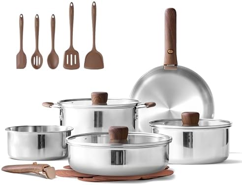 CAROTE 19pcs Stainless Steel Cookware Set with Detachable Handle, Pots and Pans Set, Induction Kitchen Cooking Sets, RV/Camping Cookware, Removable Handle, Oven Safe, Woodgrain