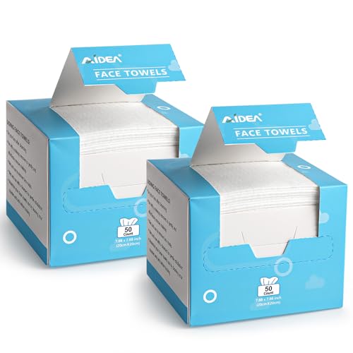 AIDEA Face Towels Disposable-100Ct (2 Box), Clean Facial Towels Face Cloths, Facial Cleansing Wipes for Sensitive Skin, Face Towelettes for Makeup Removing, Nursing, Travel, Dry Face Wipes