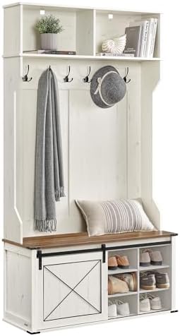 VASAGLE Hall Tree with Bench and Shoe Storage, Coat Rack with Shoe Bench, Entryway Furniture, 6 Tri-Hooks, Sliding Door, Farmfouse Style, Space Saving, Rustic White and Honey Brown UHSR442W01