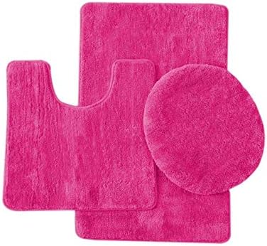 3 Piece Solid Bathroom Rug Set Includes Bath Rug, Contour Mat, and Toilet Lid Cover (Hot Pink)