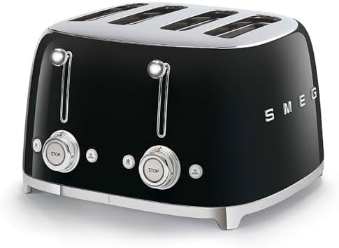 Smeg 50's Style Retro Aesthetic 4 Slice Toaster 6 Presets Extra Wide Slots Black TSF03BLUS