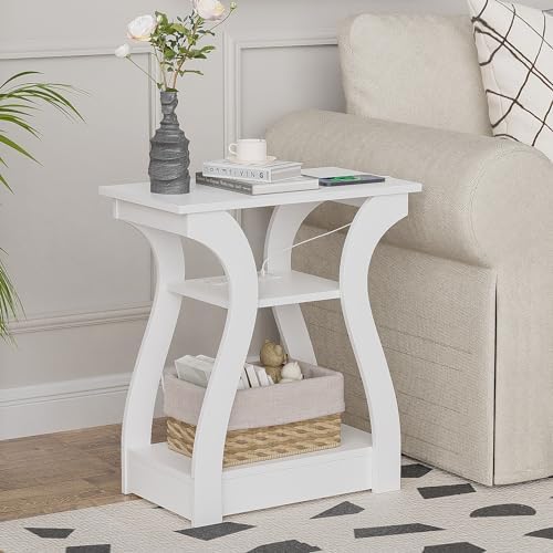 End Tables Living Room, White End Table with Charging Station,White Side Table, Nightstand for Bedroom, 3 Tier End Table with Storage Shelf for Living Room