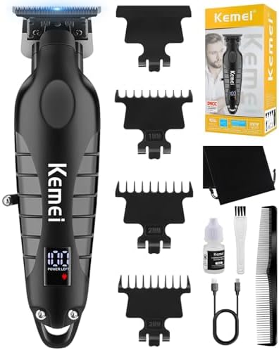 KEMEI Trimmer Professional Cordless Hair Clipper for Men Electric Beard Trimmers Barber Hair Cuttings Kit, Zero Gapped T Blade Trimmers with LCD Display, KM-2293, Black