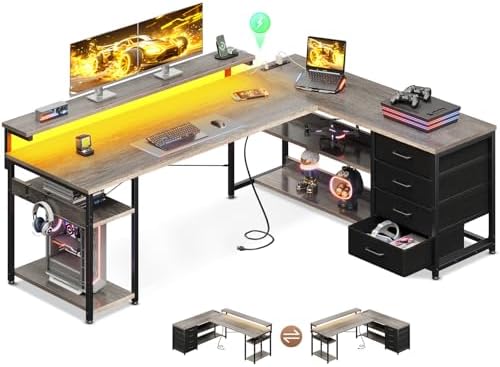 AODK 61" L Shaped Desk with Drawer, Computer Desk with Power Outlets & LED Lights, Reversible Corner Gaming Desks for Home Office Workstation, Office Table with Monitor Shelf, Gray