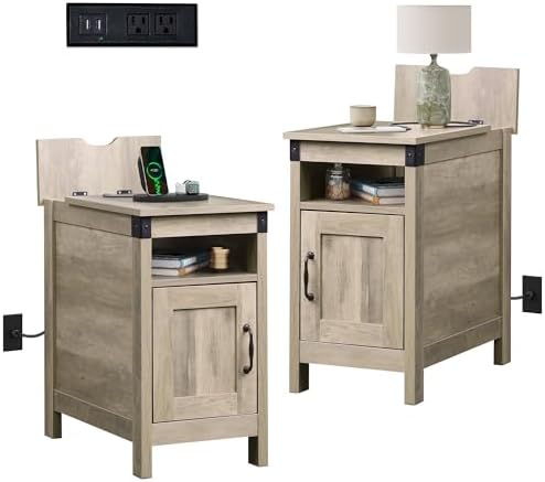 WLIVE Farmhouse End Table Set of 2 with Charging Station, Narrow Side Tables Living Room, Bedroom, Couch with USB Ports and Outlets, Wood Nightstand Sets with Storage, Greige
